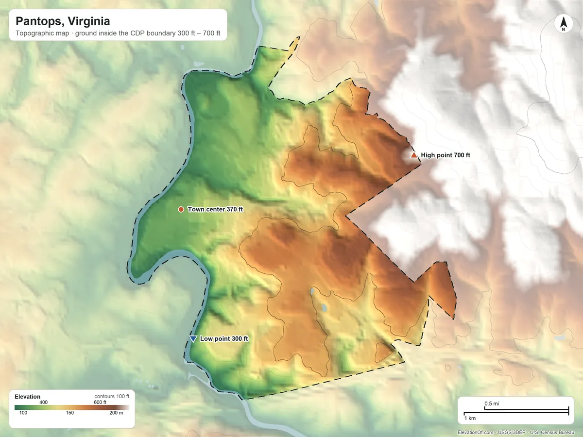 Topographic elevation map of Pantops, Virginia, shaded from 300 ft on the south side to 700 ft at the foot of the Ragged Mountains