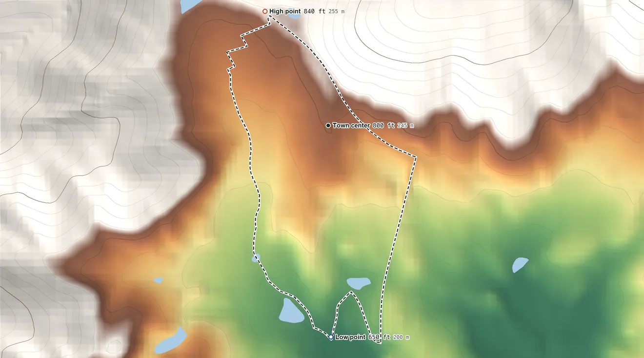 Topographic elevation map of Paris, Virginia, shaded from 650 ft on the south side to 840 ft on the northwest edge, below higher ground just outside