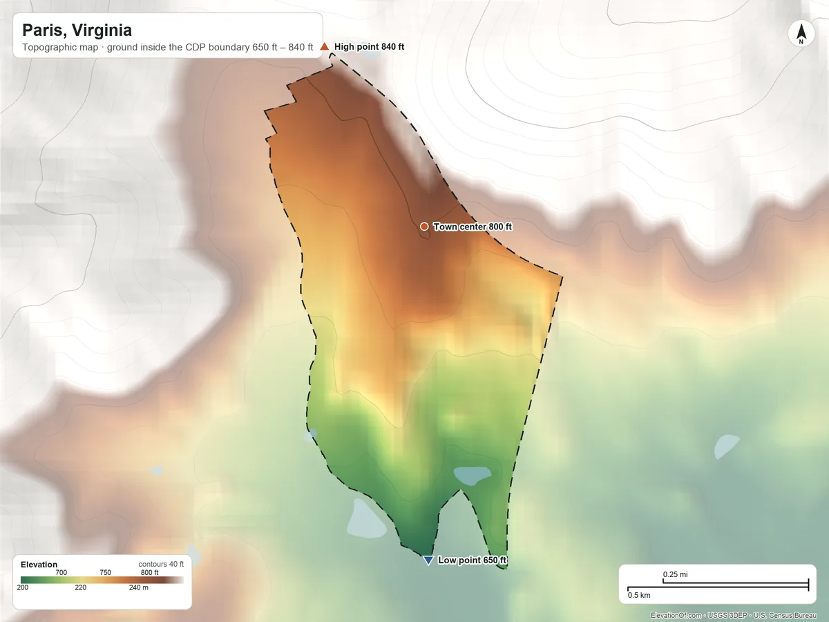 Topographic elevation map of Paris, Virginia, shaded from 650 ft on the south side to 840 ft on the northwest edge, below higher ground just outside
