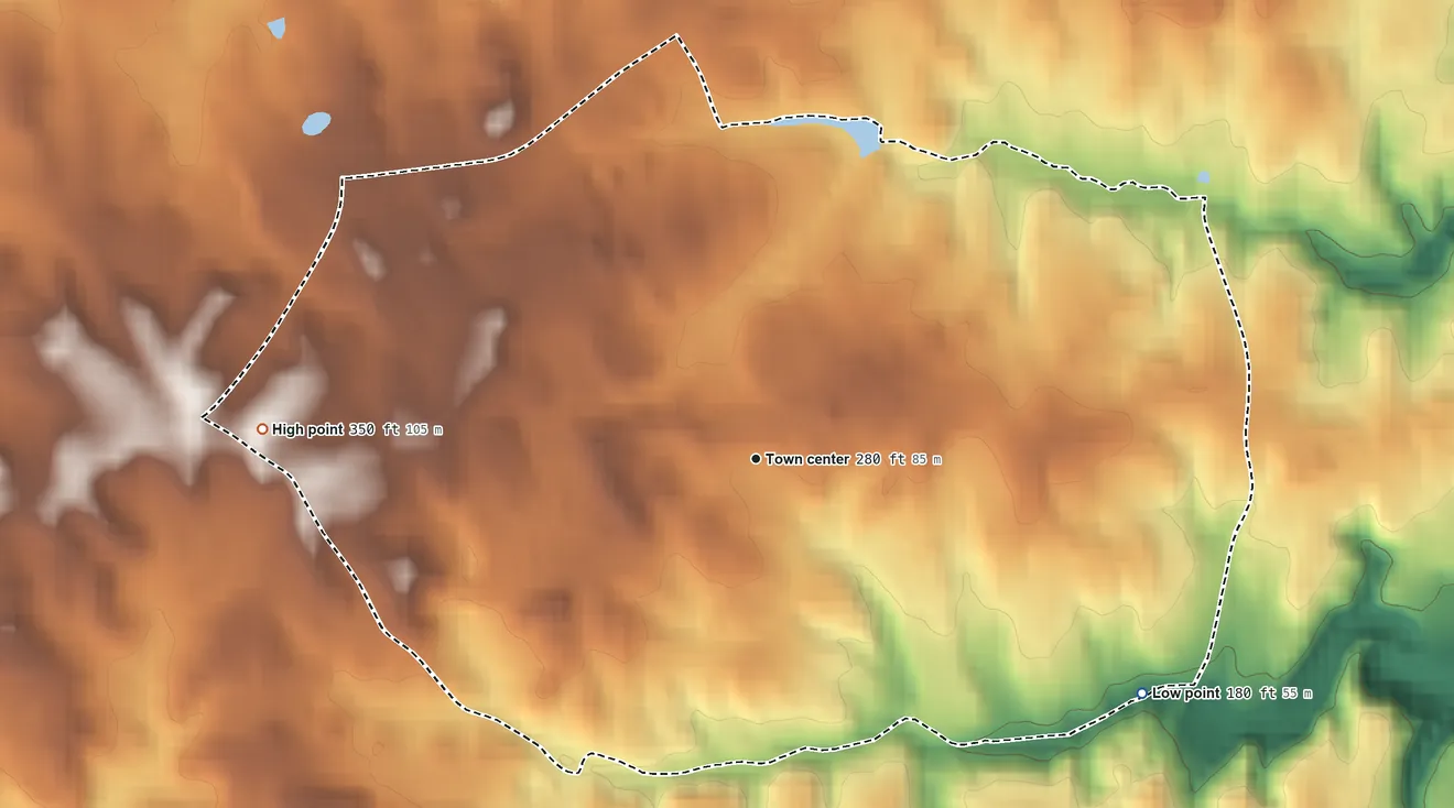 Topographic elevation map of Park Ridge, Virginia, shaded from 180 ft on the southeast side to 350 ft on the west side