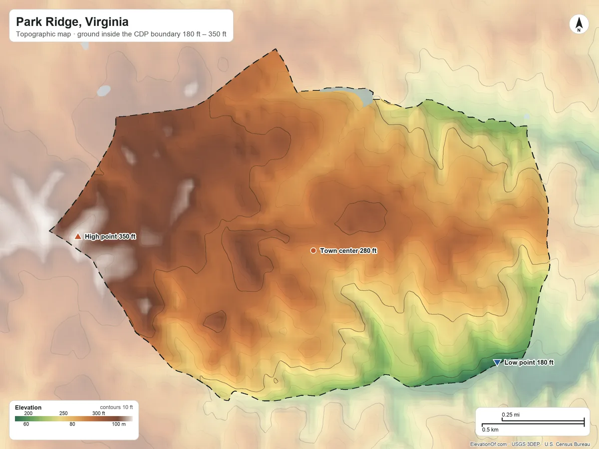 Topographic elevation map of Park Ridge, Virginia, shaded from 180 ft on the southeast side to 350 ft on the west side