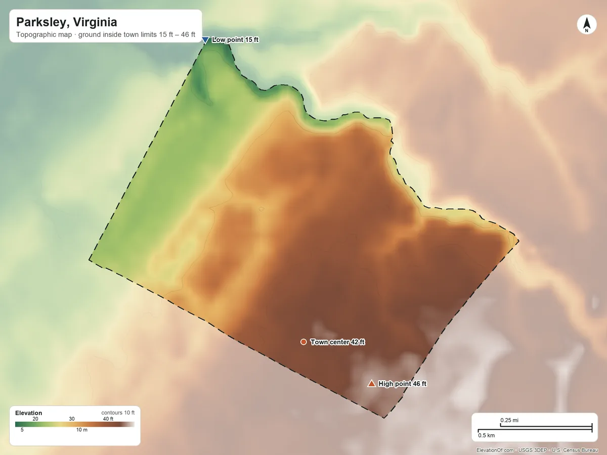 Topographic elevation map of Parksley, Virginia, shaded from 15 ft on the north side to 46 ft on the southeast side