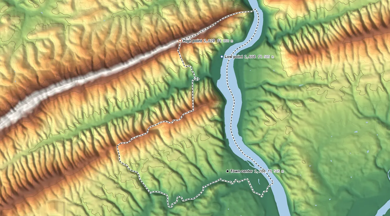 Topographic elevation map of Parrott, Virginia, shaded from 1,660 ft on the north side to 2,820 ft on the north side