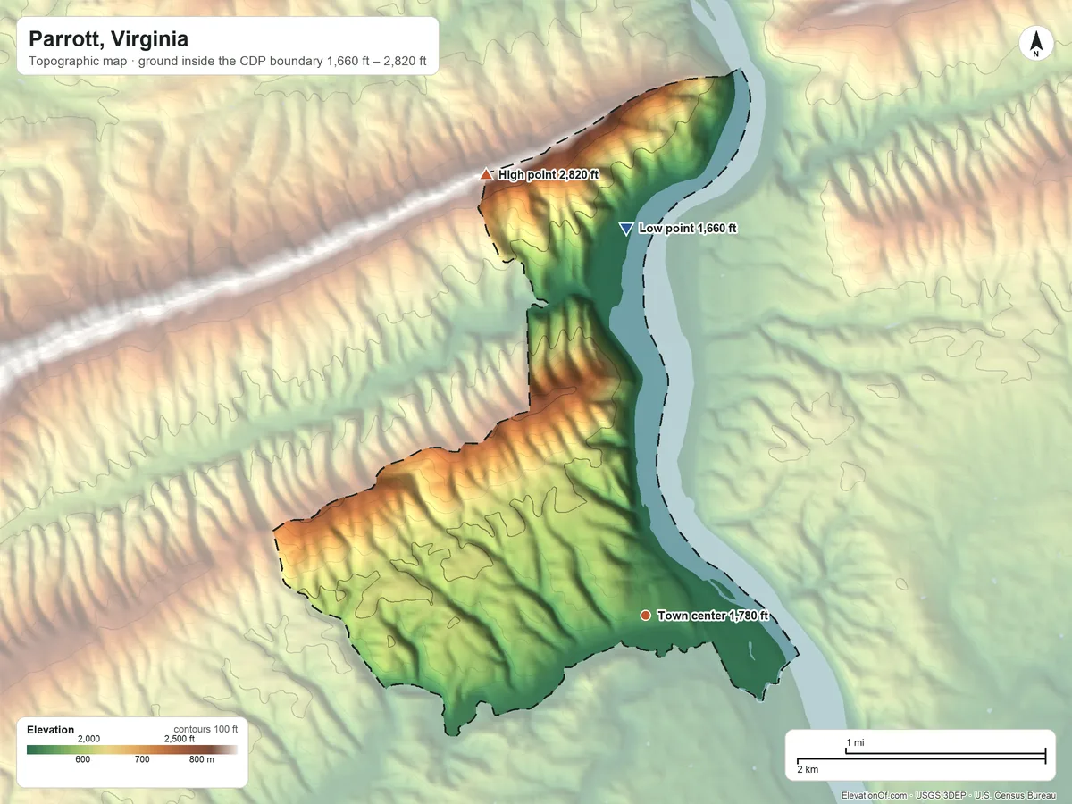 Topographic elevation map of Parrott, Virginia, shaded from 1,660 ft on the north side to 2,820 ft on the north side
