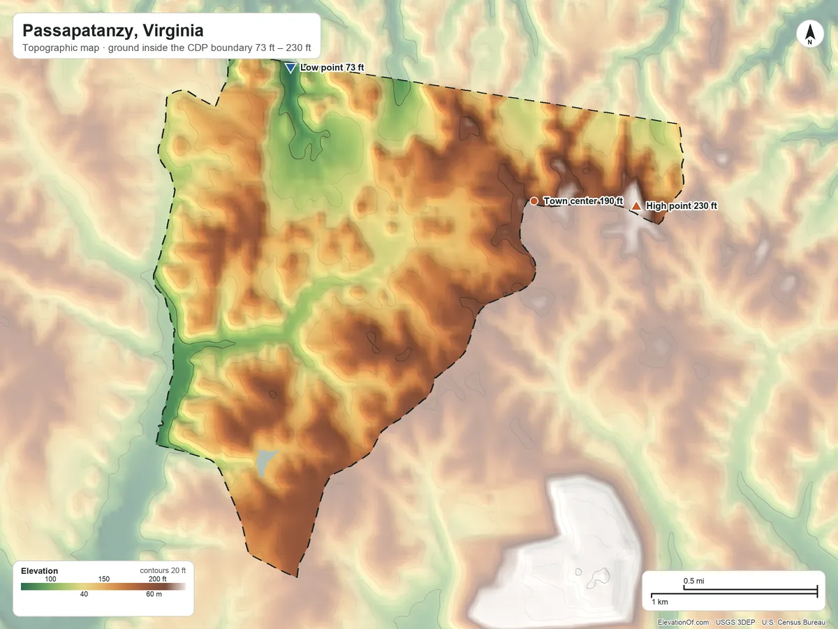 Topographic elevation map of Passapatanzy, Virginia, shaded from 73 ft on the northwest side to 230 ft on the east side