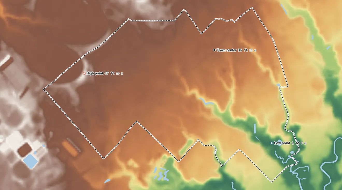 Topographic elevation map of Pastoria, Virginia, shaded from 1 ft on the southeast side to 47 ft on the west side
