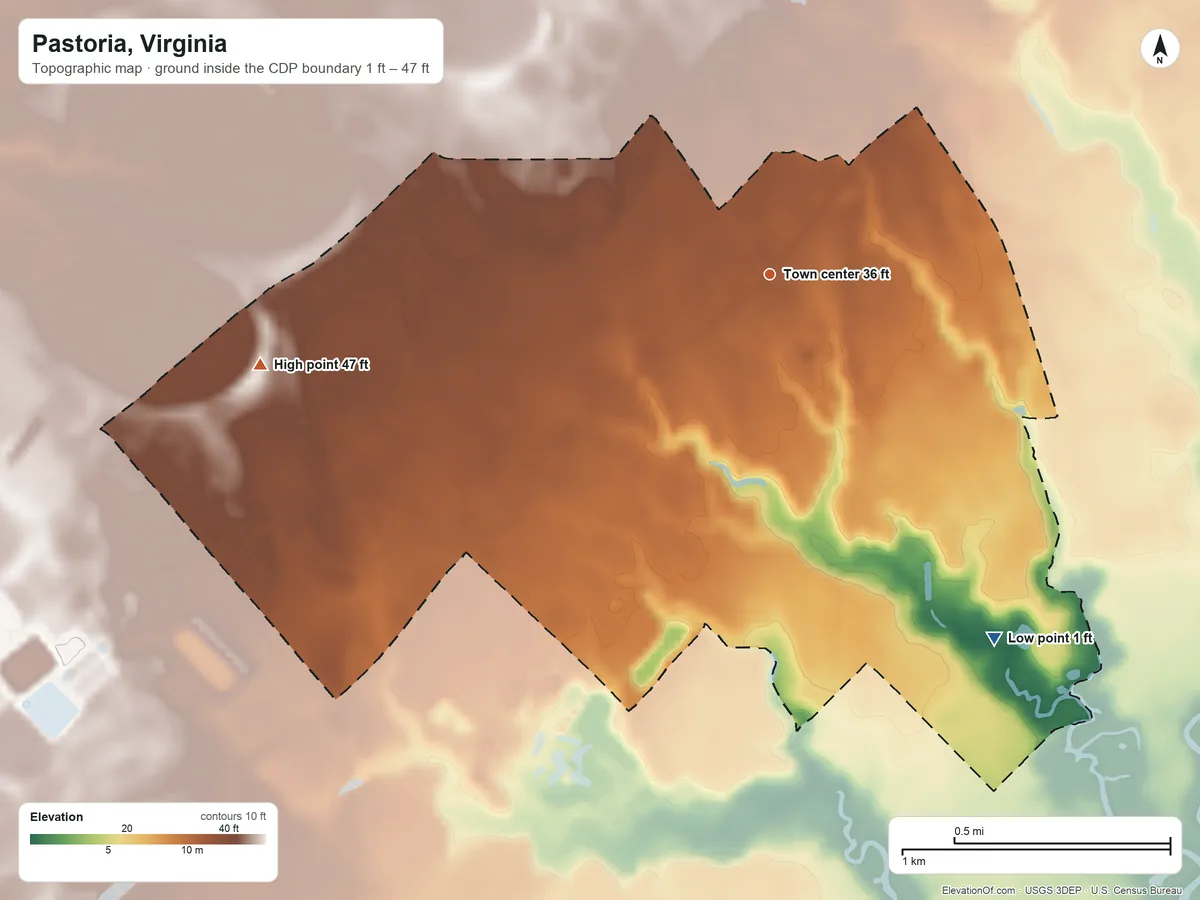 Topographic elevation map of Pastoria, Virginia, shaded from 1 ft on the southeast side to 47 ft on the west side