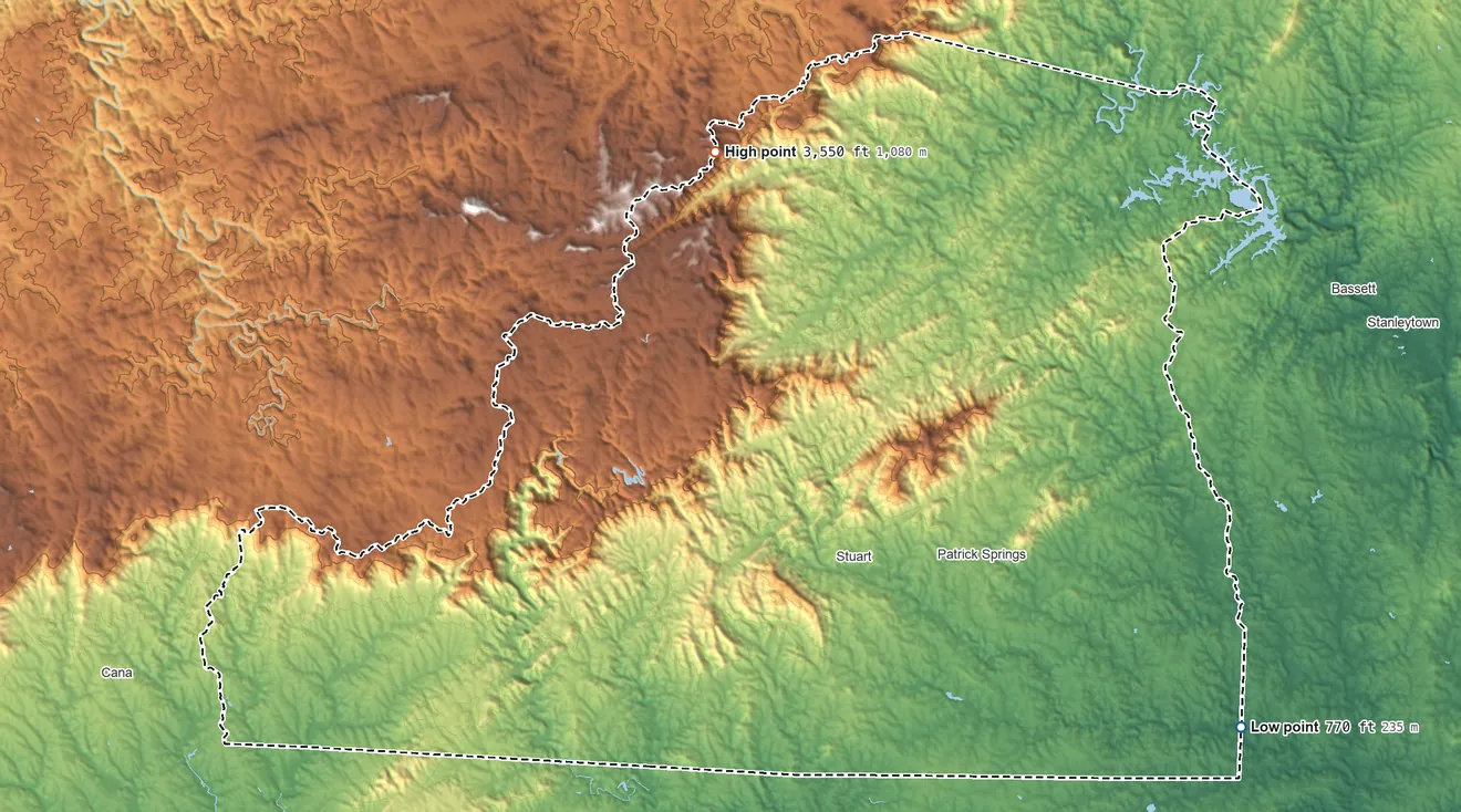 Topographic elevation map of Patrick County, Virginia, shaded from 770 ft on the southeast side to 3,550 ft on Rocky Knob