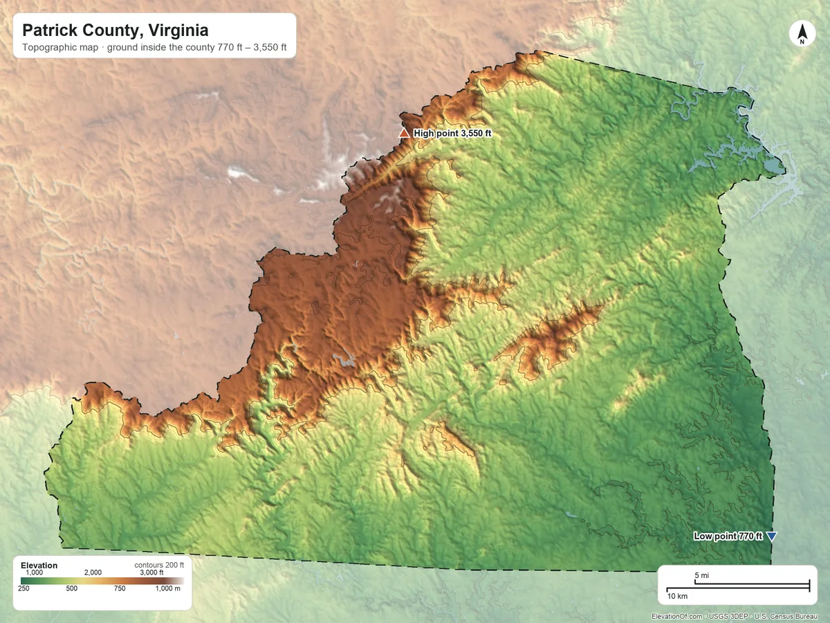 Topographic elevation map of Patrick County, Virginia, shaded from 770 ft on the southeast side to 3,550 ft on Rocky Knob
