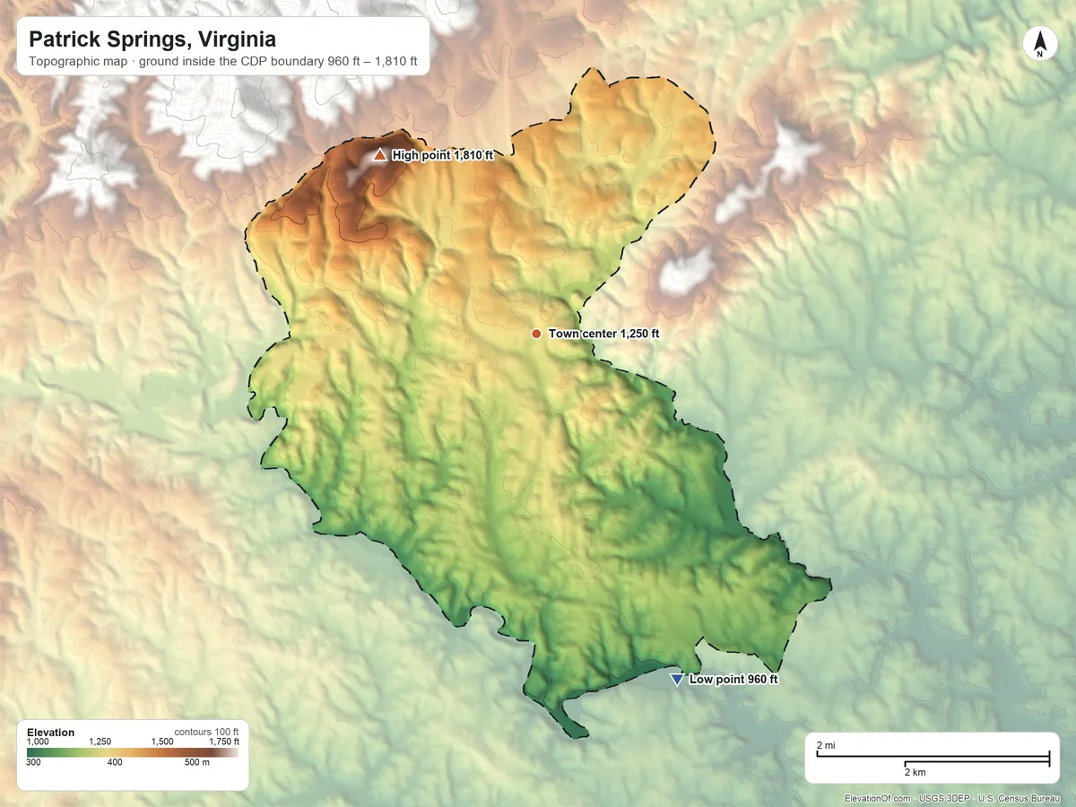 Topographic elevation map of Patrick Springs, Virginia, shaded from 960 ft on the south side to 1,810 ft on the northwest edge, below higher ground just outside