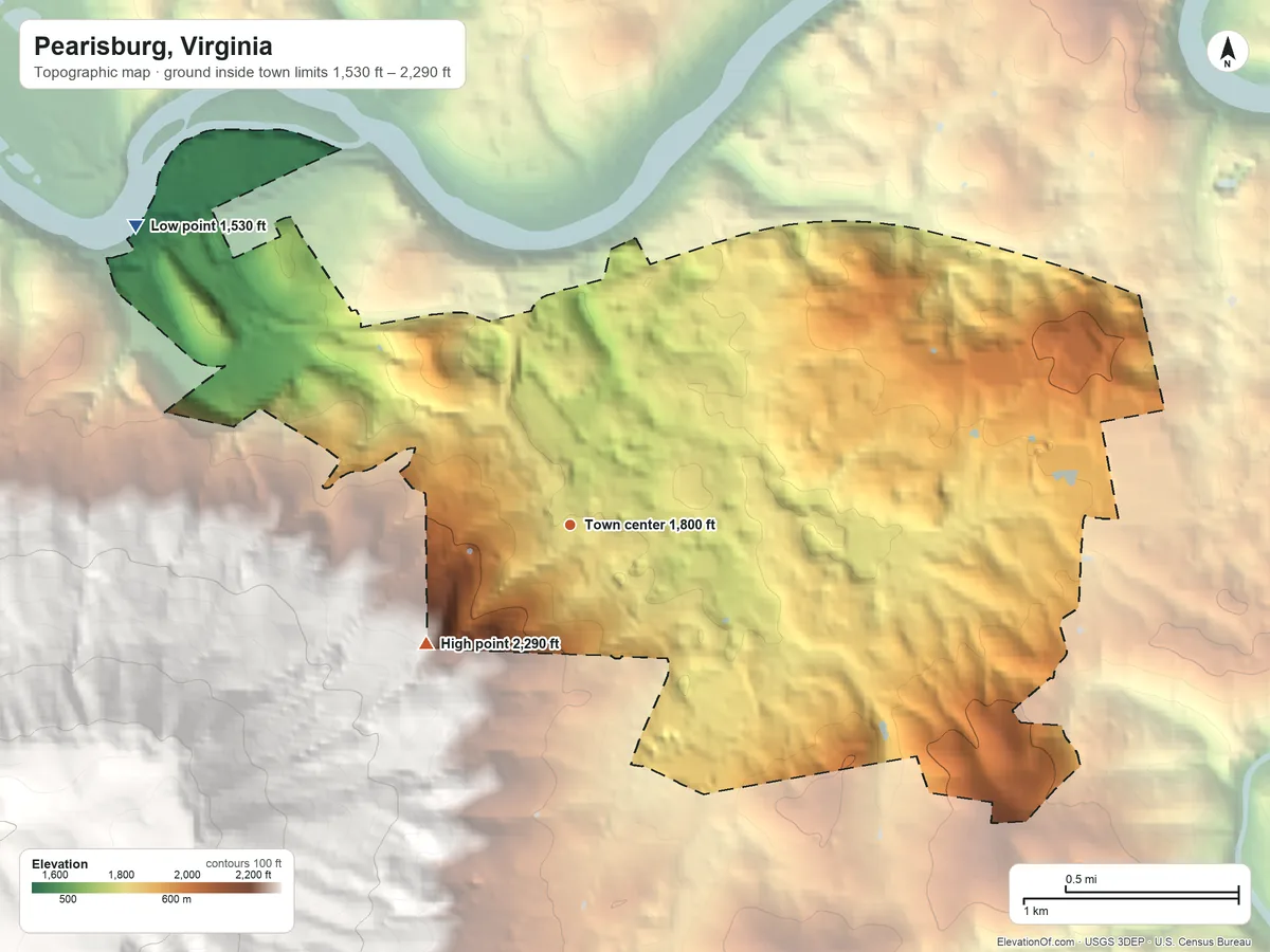 Topographic elevation map of Pearisburg, Virginia, shaded from 1,530 ft on the northwest side to 2,290 ft on the southwest edge, below higher ground just outside