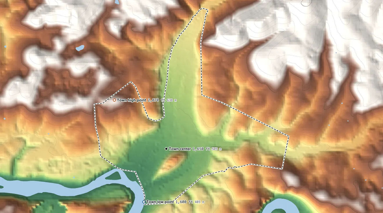Topographic elevation map of Pembroke, Virginia, shaded from 1,600 ft on the southwest side to 2,070 ft on the northwest edge, below higher ground just outside