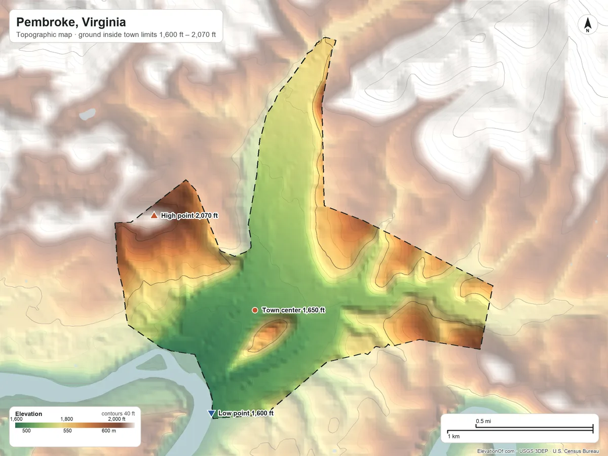Topographic elevation map of Pembroke, Virginia, shaded from 1,600 ft on the southwest side to 2,070 ft on the northwest edge, below higher ground just outside