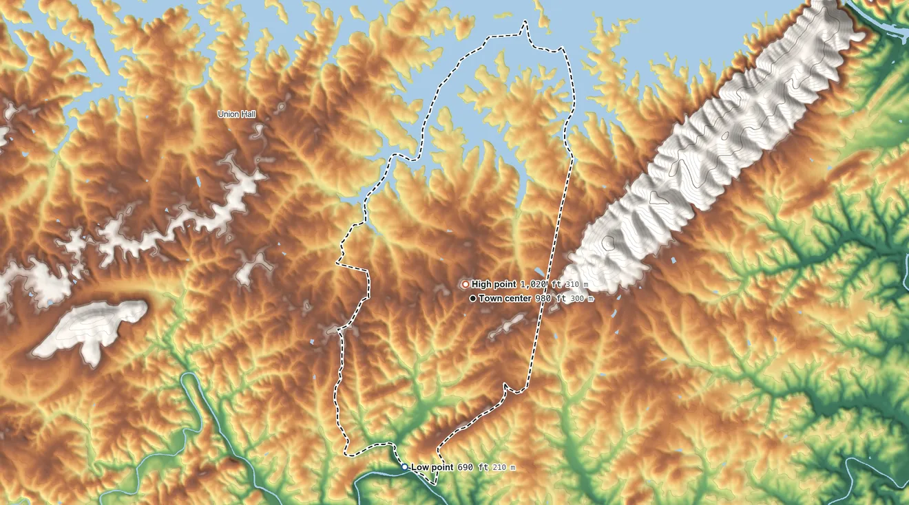 Topographic elevation map of Penhook, Virginia, shaded from 690 ft on the south side to 1,020 ft on the northwest edge, below higher ground just outside
