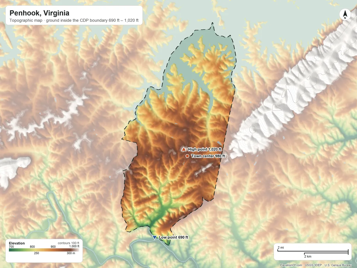 Topographic elevation map of Penhook, Virginia, shaded from 690 ft on the south side to 1,020 ft on the northwest edge, below higher ground just outside