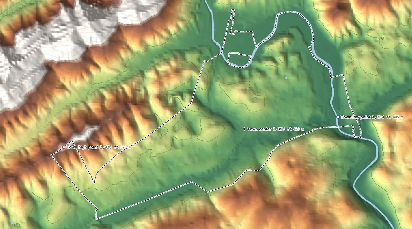 Topographic elevation map of Pennington Gap, Virginia, shaded from 1,330 ft on the east side to 2,030 ft at the foot of the Potato Hill Knobs