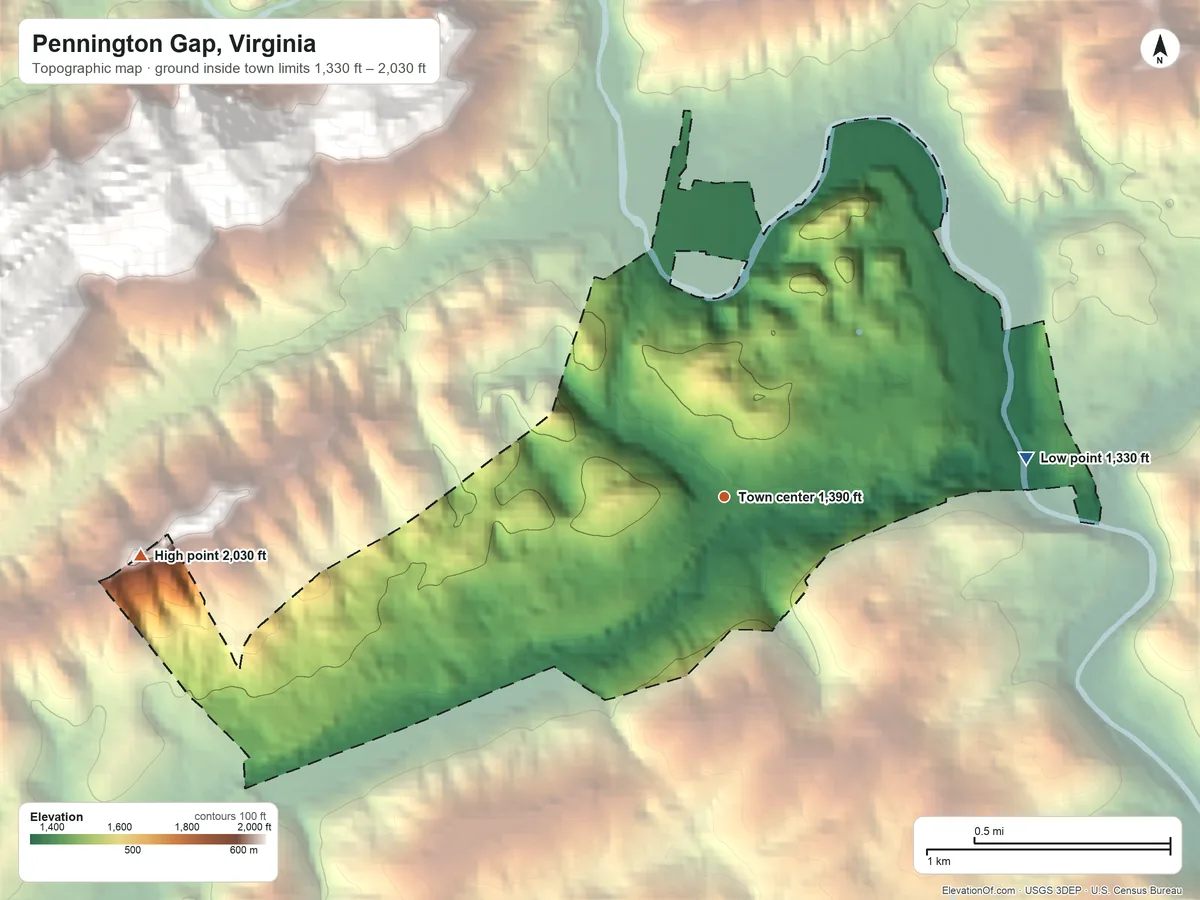 Topographic elevation map of Pennington Gap, Virginia, shaded from 1,330 ft on the east side to 2,030 ft at the foot of the Potato Hill Knobs