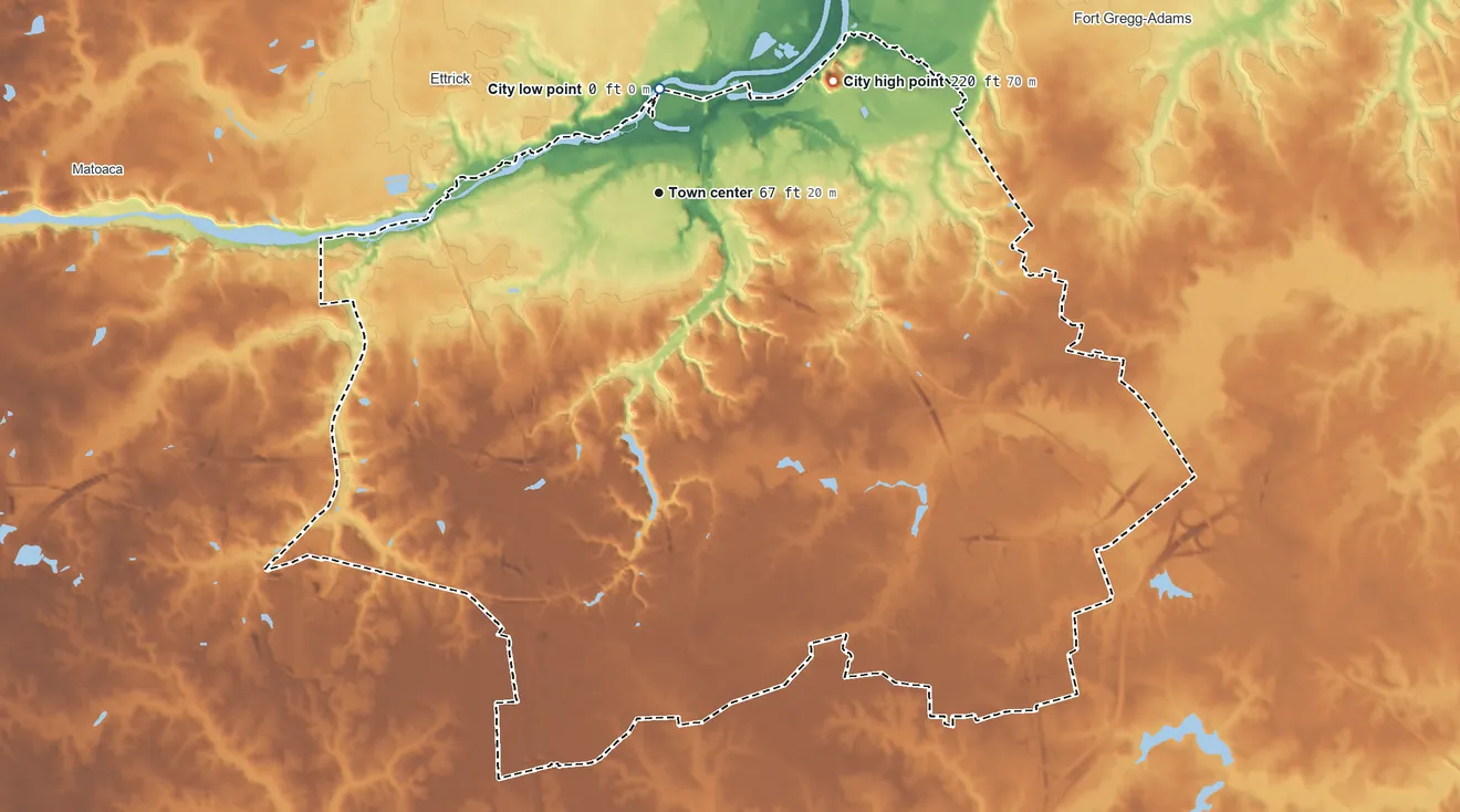 Topographic elevation map of Petersburg, Virginia, shaded from 0 ft near the middle to 220 ft on the northeast side