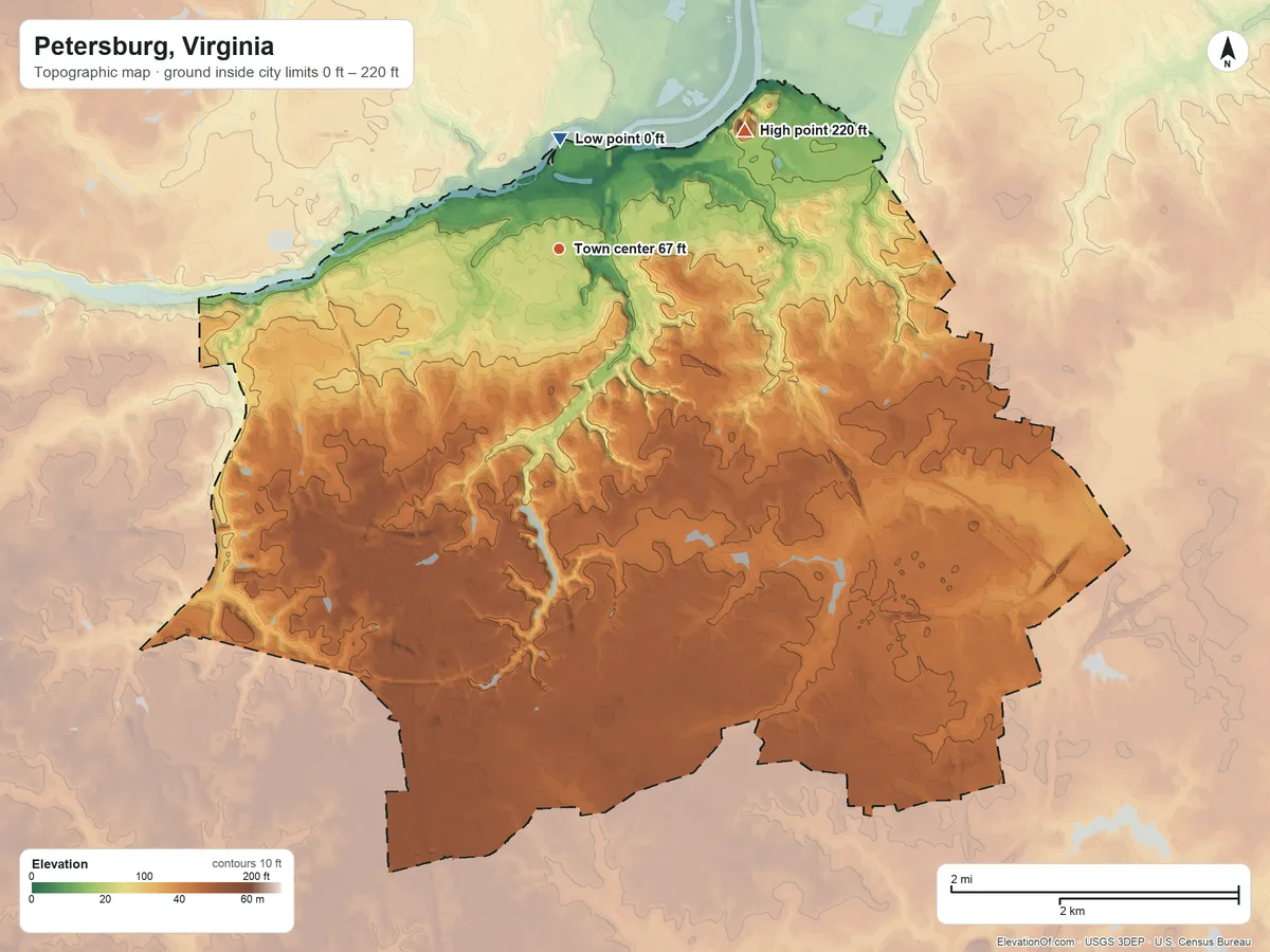 Topographic elevation map of Petersburg, Virginia, shaded from 0 ft near the middle to 220 ft on the northeast side