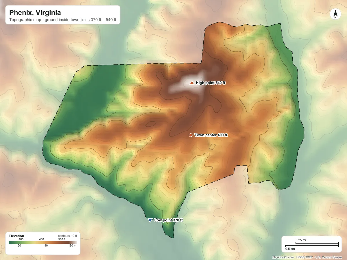 Topographic elevation map of Phenix, Virginia, shaded from 370 ft on the southwest side to 540 ft on the north side