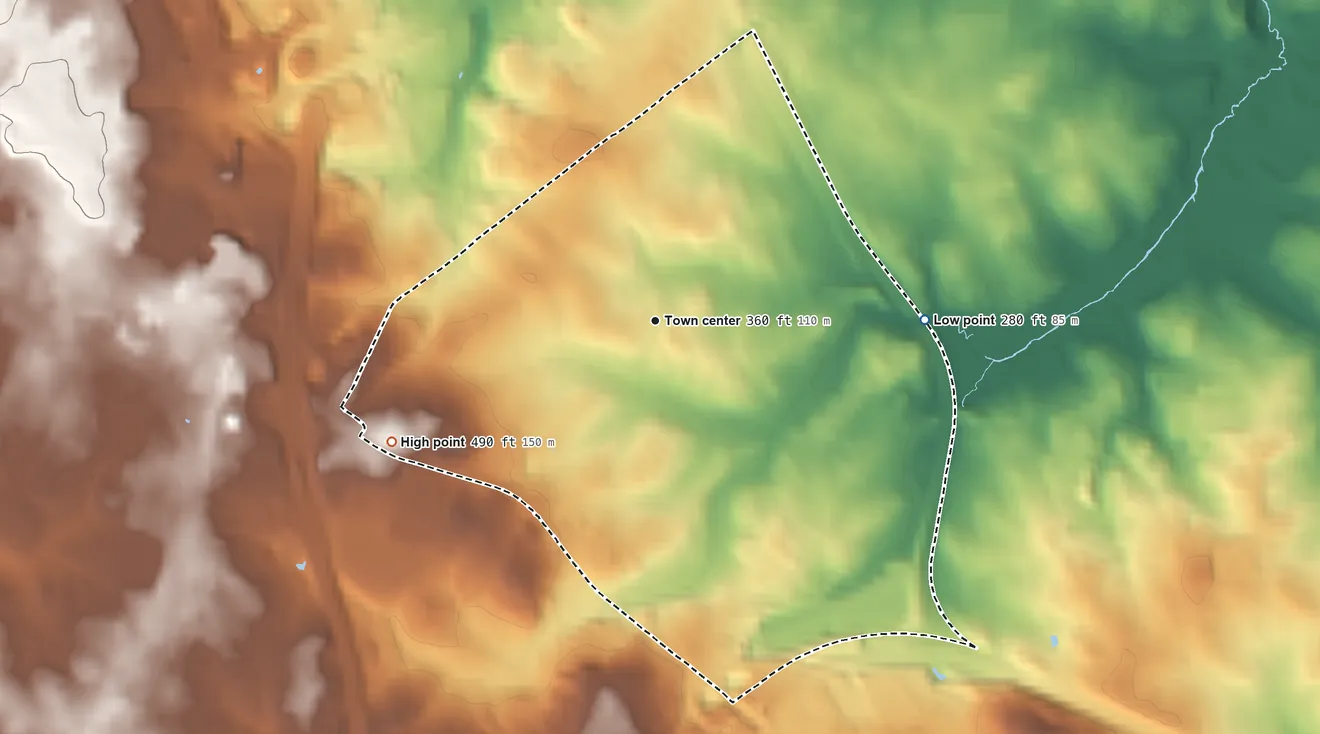 Topographic elevation map of Pimmit Hills, Virginia, shaded from 280 ft on the east side to 490 ft on the southwest side