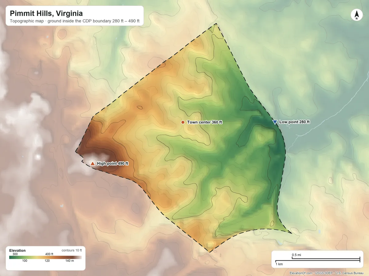 Topographic elevation map of Pimmit Hills, Virginia, shaded from 280 ft on the east side to 490 ft on the southwest side