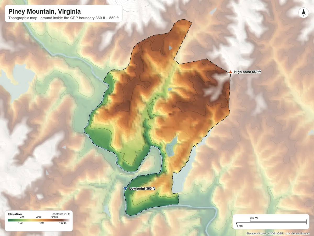 Topographic elevation map of Piney Mountain, Virginia, shaded from 360 ft on the south side to 550 ft at the foot of the Southwest Mountains
