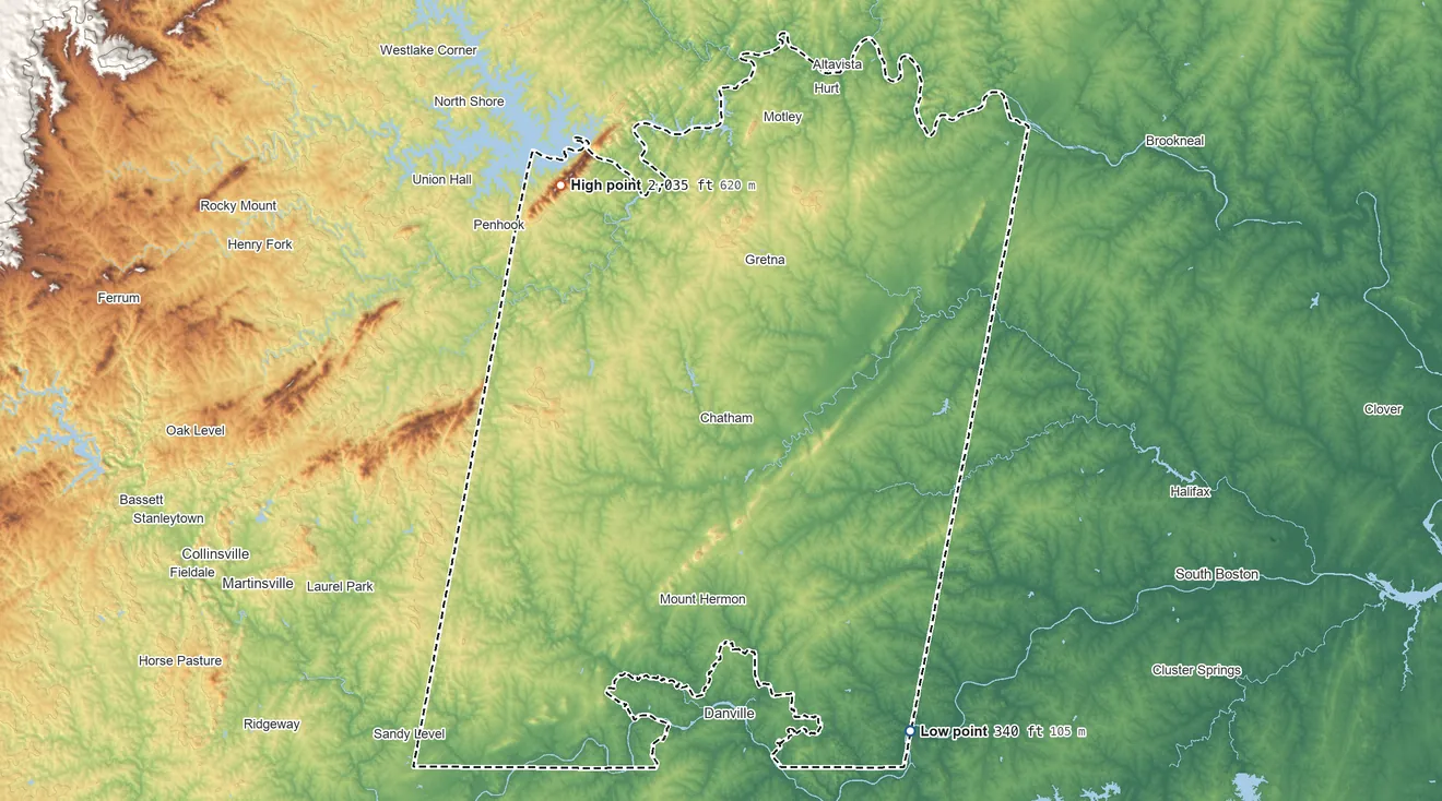 Topographic elevation map of Pittsylvania County, Virginia, shaded from 340 ft on the southeast side to 2,035 ft on Smith Mountain