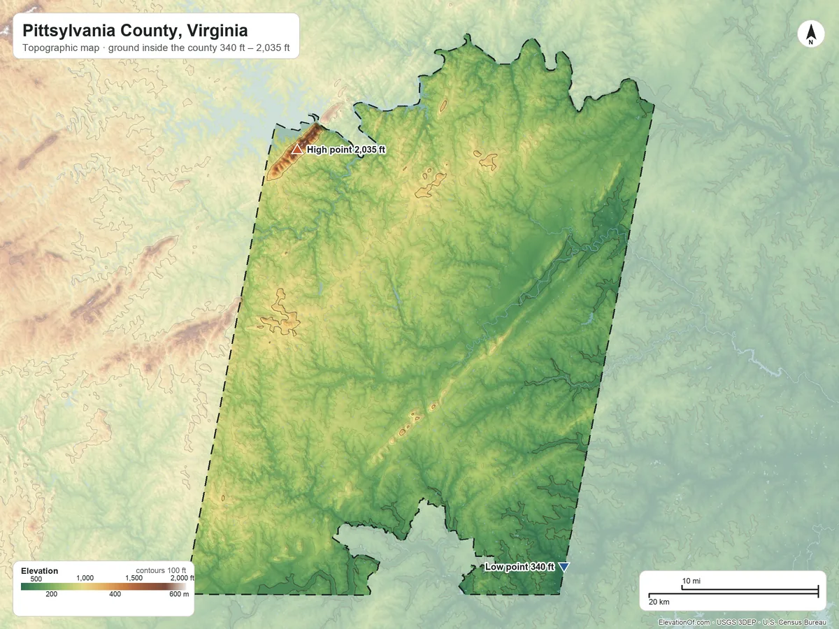 Topographic elevation map of Pittsylvania County, Virginia, shaded from 340 ft on the southeast side to 2,035 ft on Smith Mountain