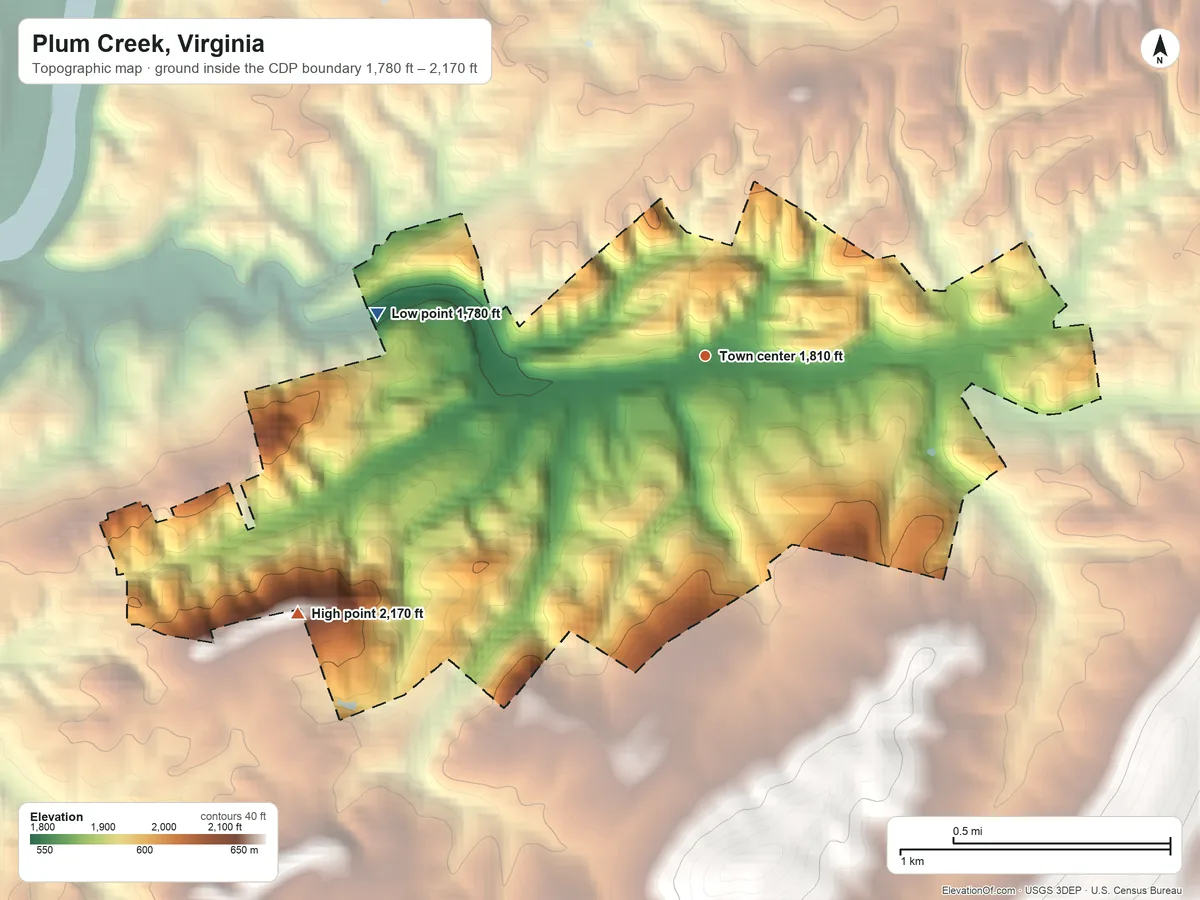 Topographic elevation map of Plum Creek, Virginia, shaded from 1,780 ft on the west side to 2,170 ft on the southwest side