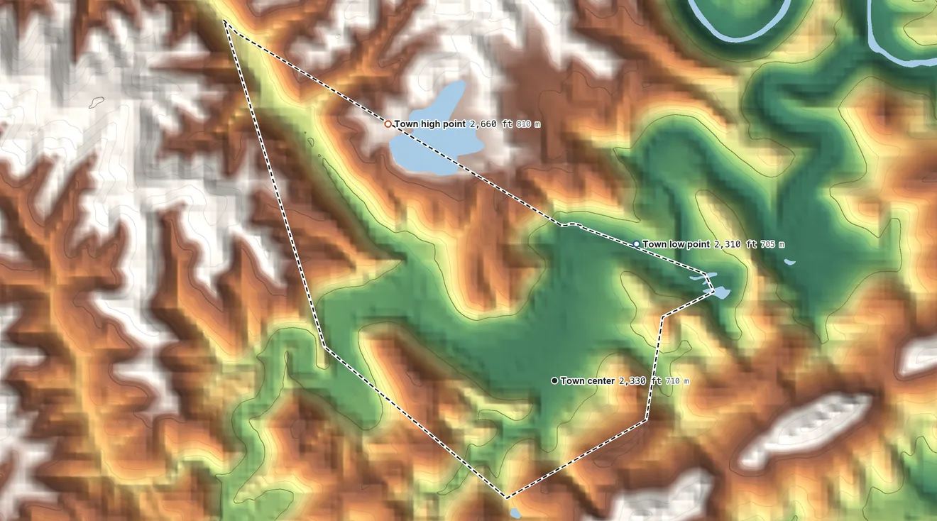 Topographic elevation map of Pocahontas, Virginia, shaded from 2,310 ft on the northeast side to 2,660 ft on the northwest side