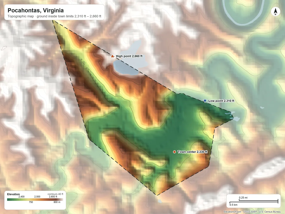 Topographic elevation map of Pocahontas, Virginia, shaded from 2,310 ft on the northeast side to 2,660 ft on the northwest side