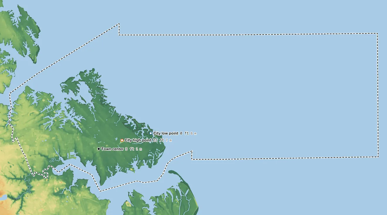 Topographic elevation map of Poquoson, Virginia, shaded from sea level level on Chesapeake Bay to 22 ft near the middle