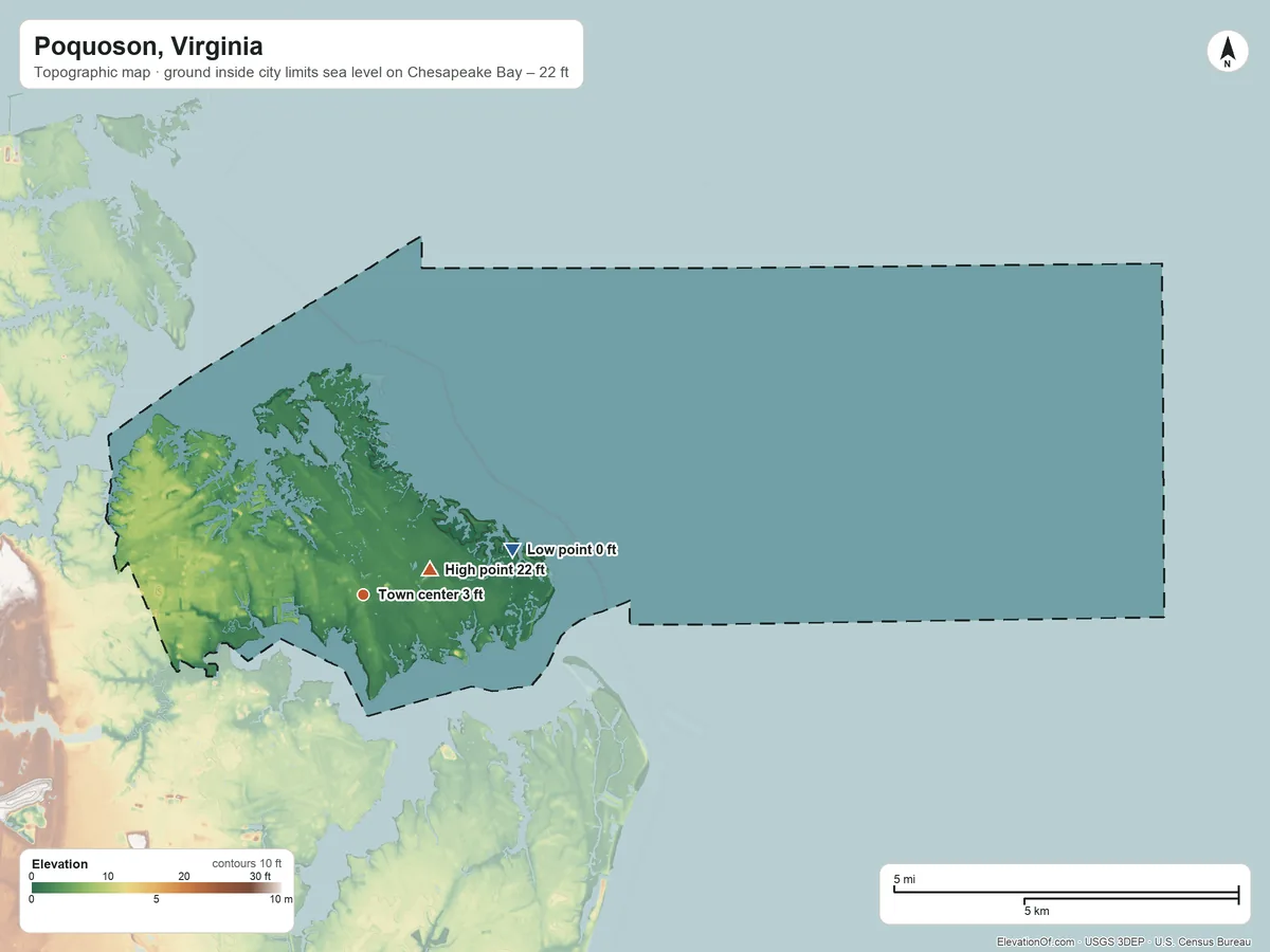 Topographic elevation map of Poquoson, Virginia, shaded from sea level level on Chesapeake Bay to 22 ft near the middle