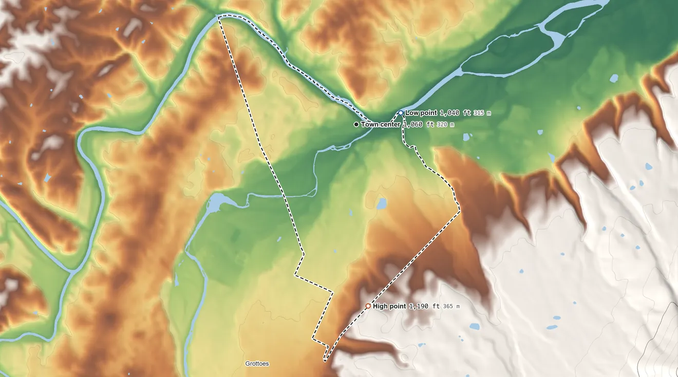 Topographic elevation map of Port Republic, Virginia, shaded from 1,040 ft on the east side to 1,190 ft on the south side