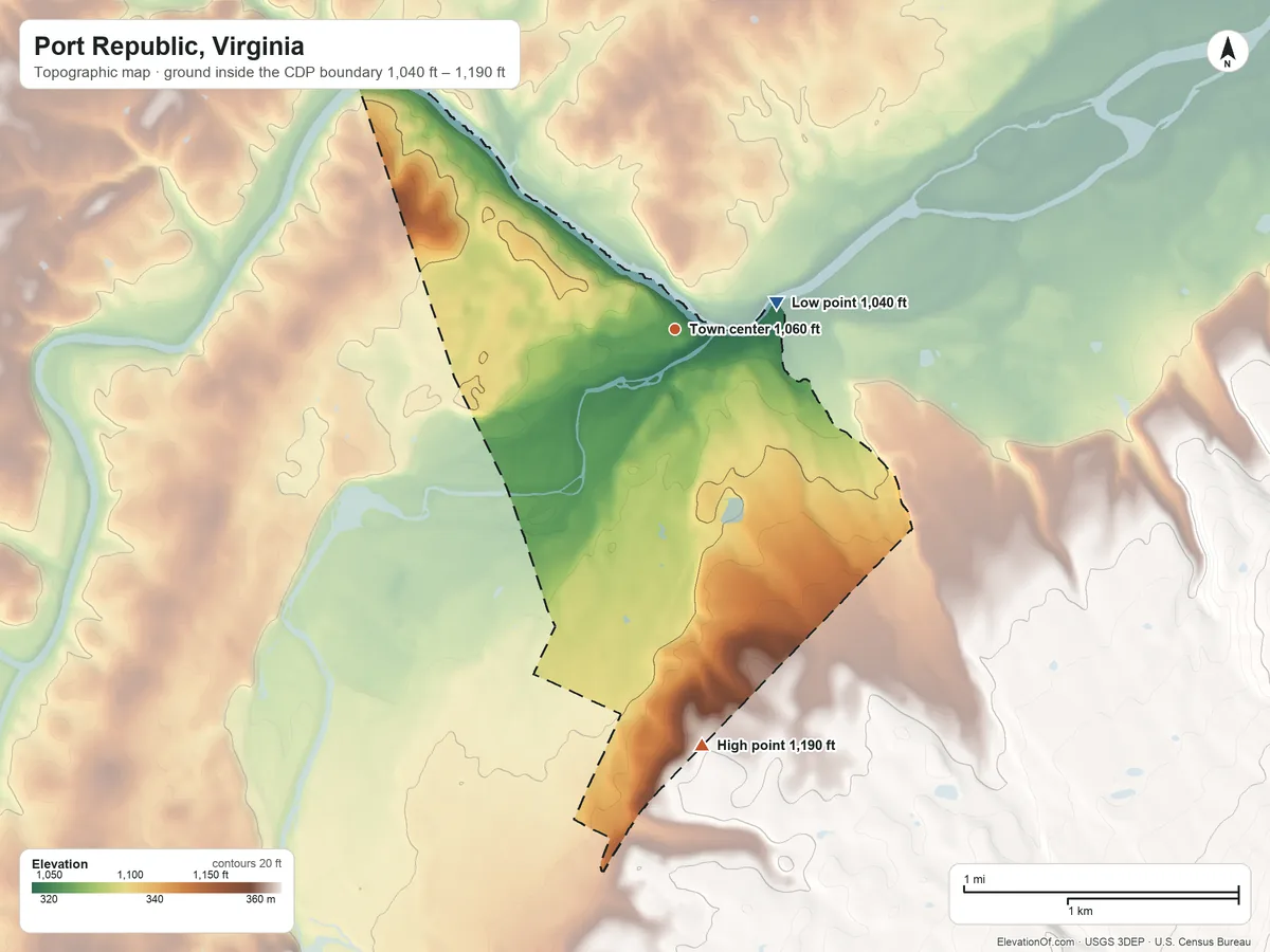 Topographic elevation map of Port Republic, Virginia, shaded from 1,040 ft on the east side to 1,190 ft on the south side