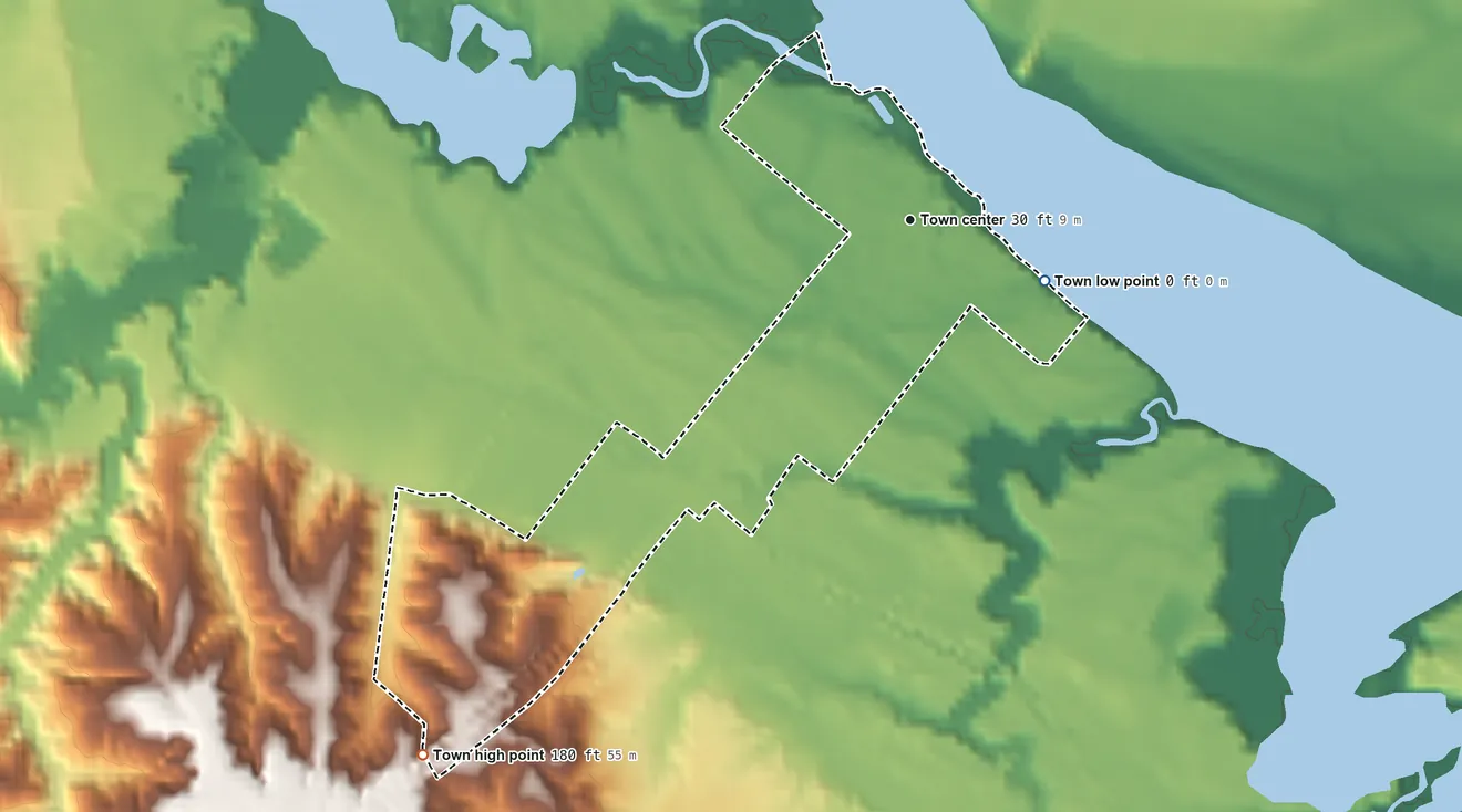 Topographic elevation map of Port Royal, Virginia, shaded from 0 ft on the southeast side to 180 ft on the southwest side