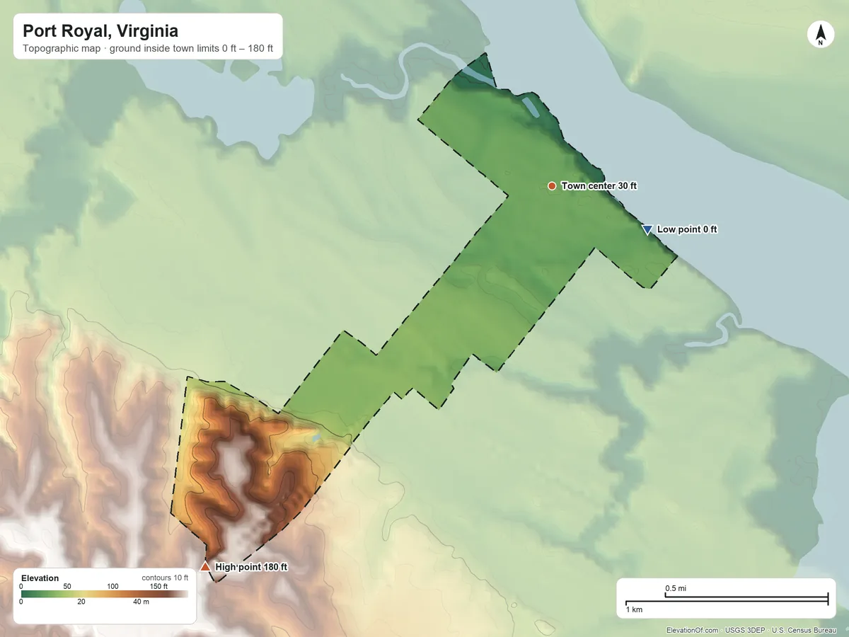Topographic elevation map of Port Royal, Virginia, shaded from 0 ft on the southeast side to 180 ft on the southwest side