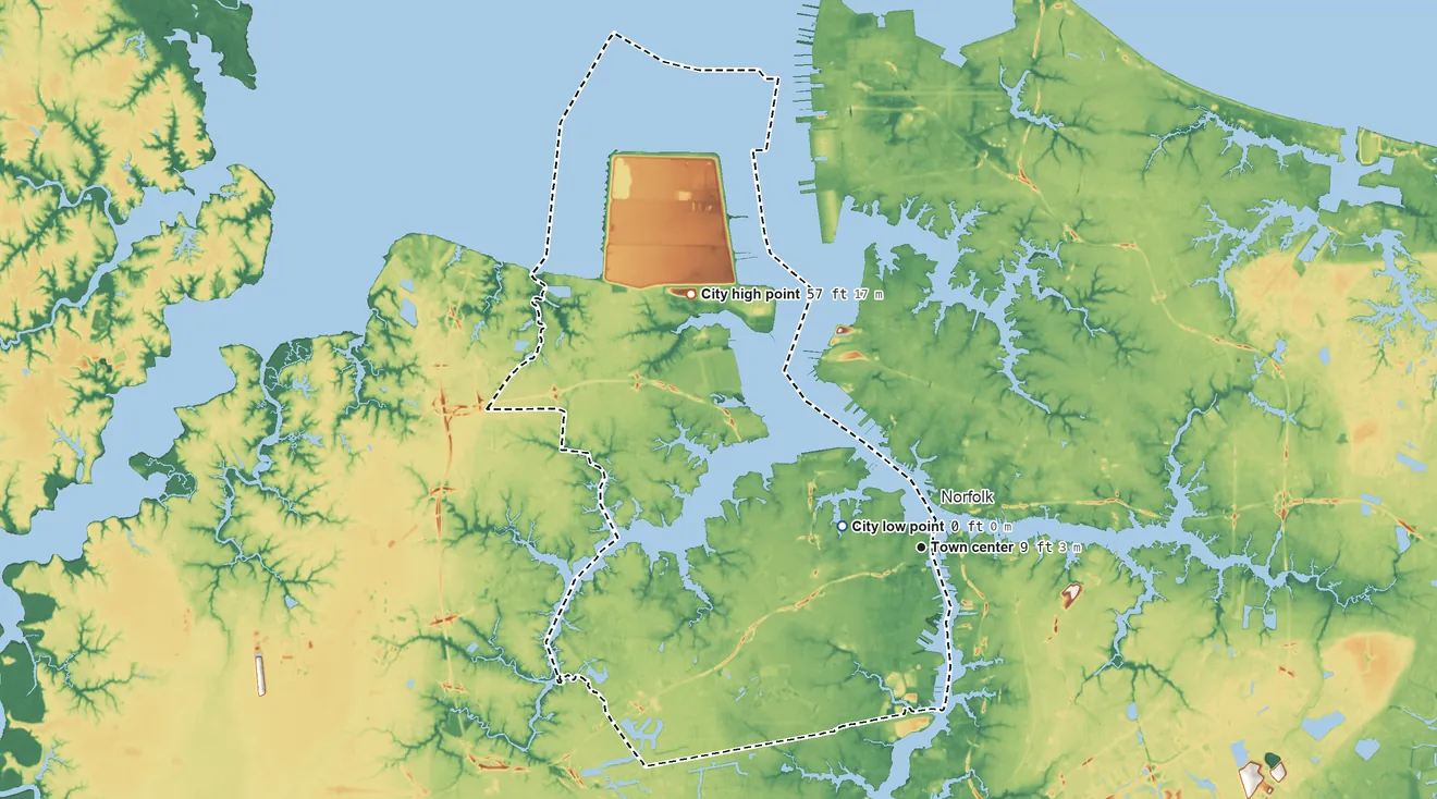 Topographic elevation map of Portsmouth, Virginia, shaded from 0 ft near the middle to 57 ft on the northwest side