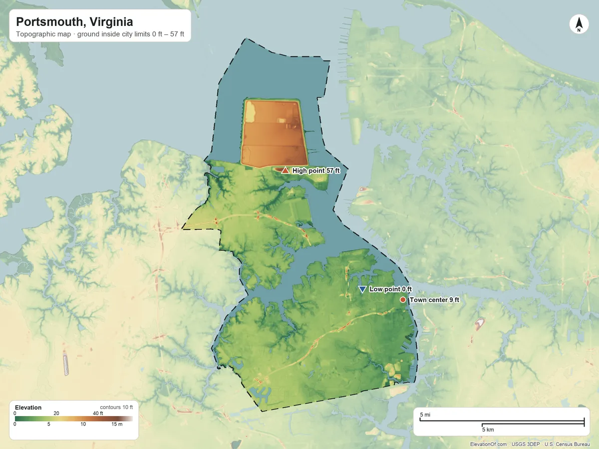 Topographic elevation map of Portsmouth, Virginia, shaded from 0 ft near the middle to 57 ft on the northwest side