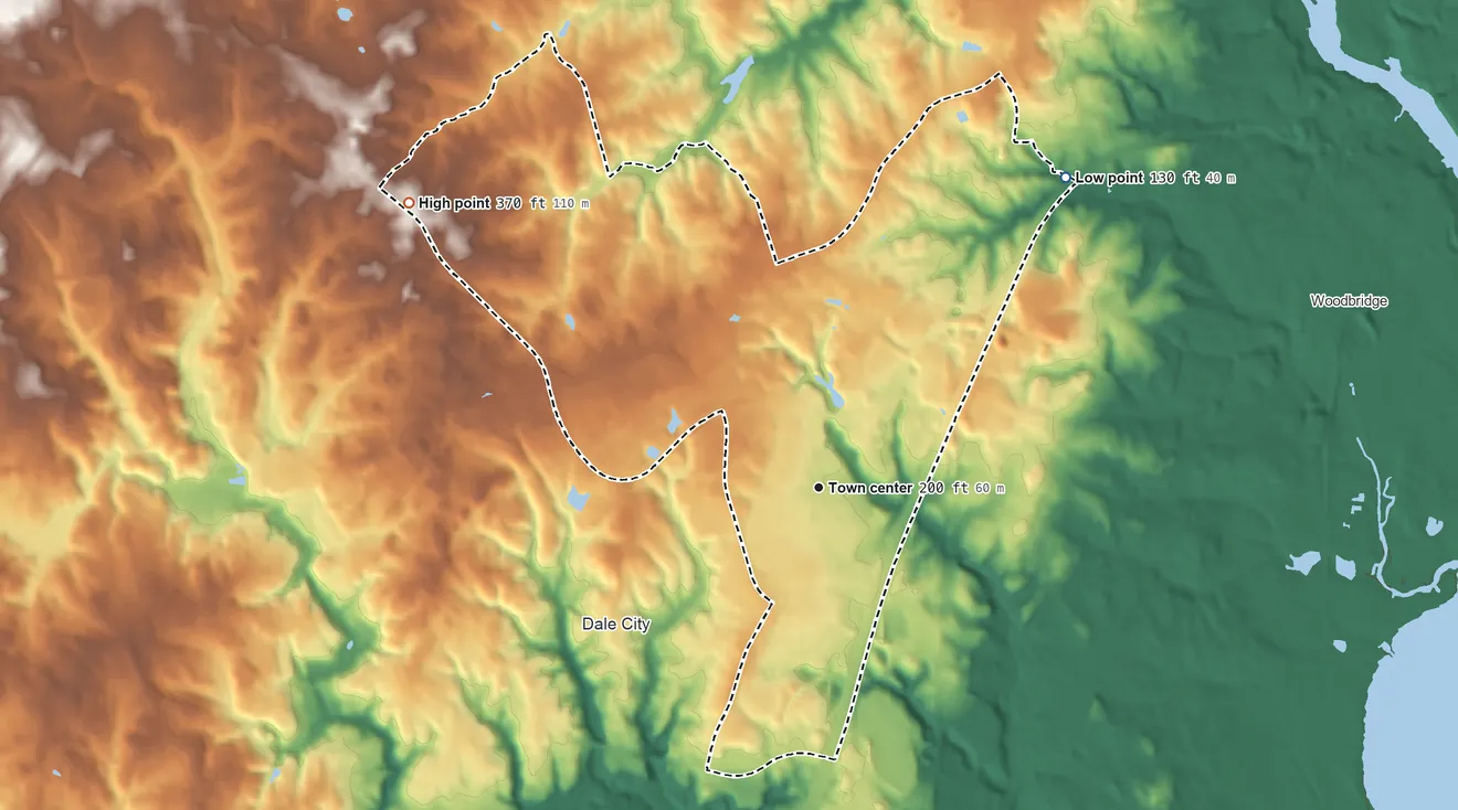 Topographic elevation map of Potomac Mills, Virginia, shaded from 130 ft on the northeast side to 370 ft on the northwest side