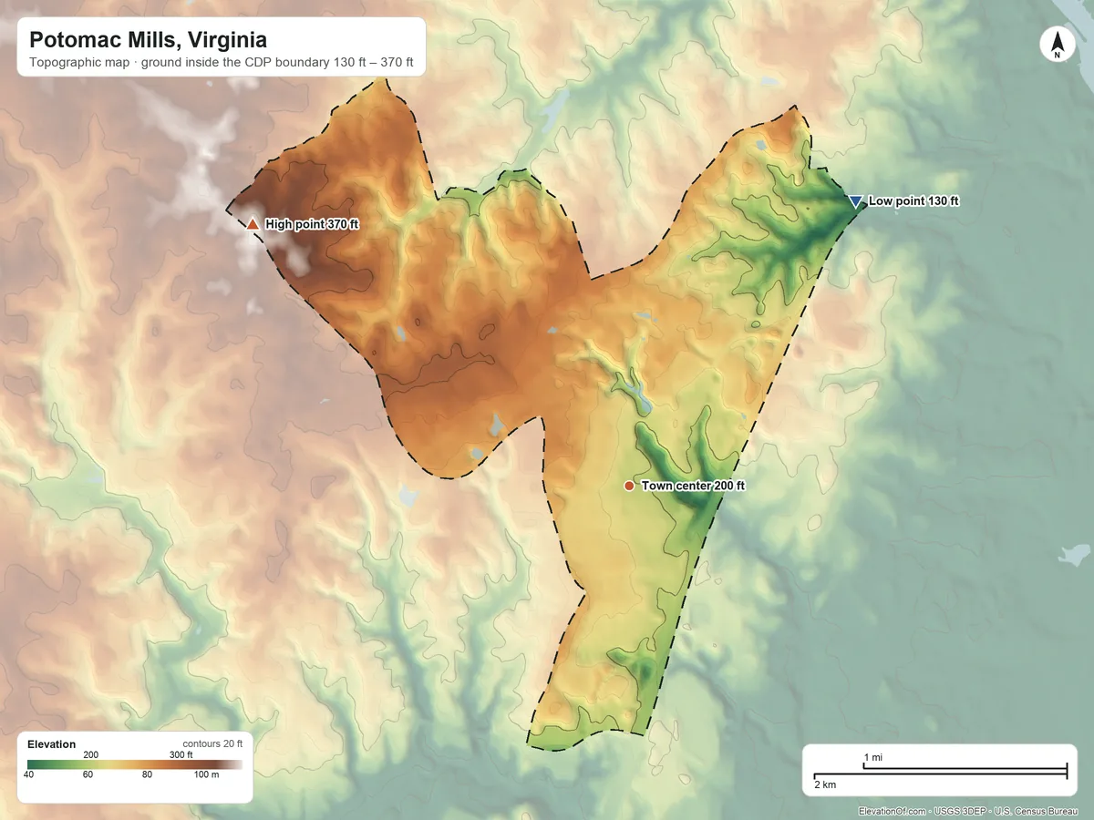 Topographic elevation map of Potomac Mills, Virginia, shaded from 130 ft on the northeast side to 370 ft on the northwest side