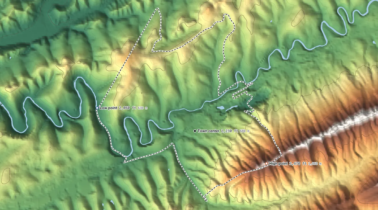 Topographic elevation map of Pounding Mill, Virginia, shaded from 2,060 ft on the west side to 3,470 ft on the southeast side