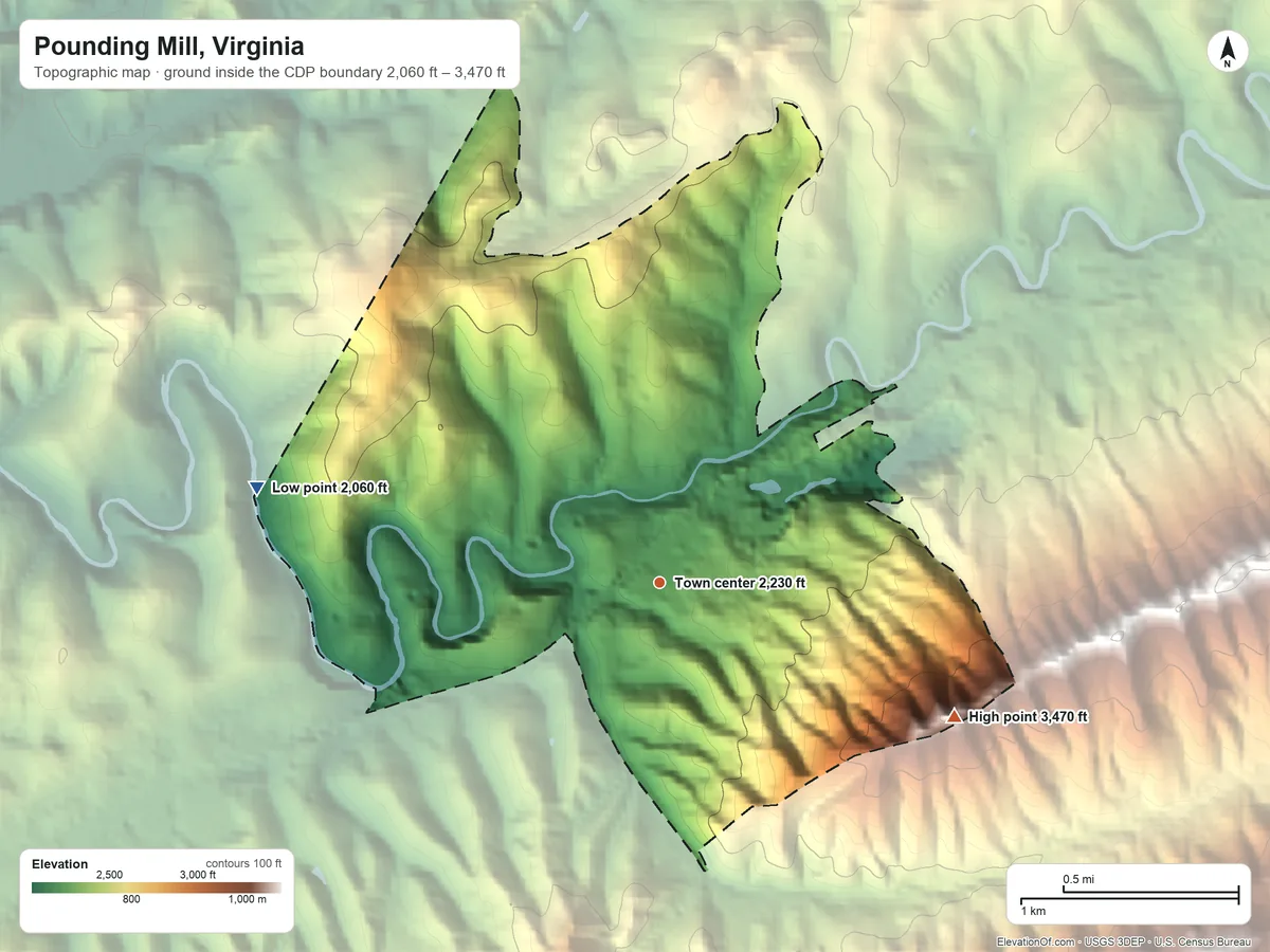 Topographic elevation map of Pounding Mill, Virginia, shaded from 2,060 ft on the west side to 3,470 ft on the southeast side