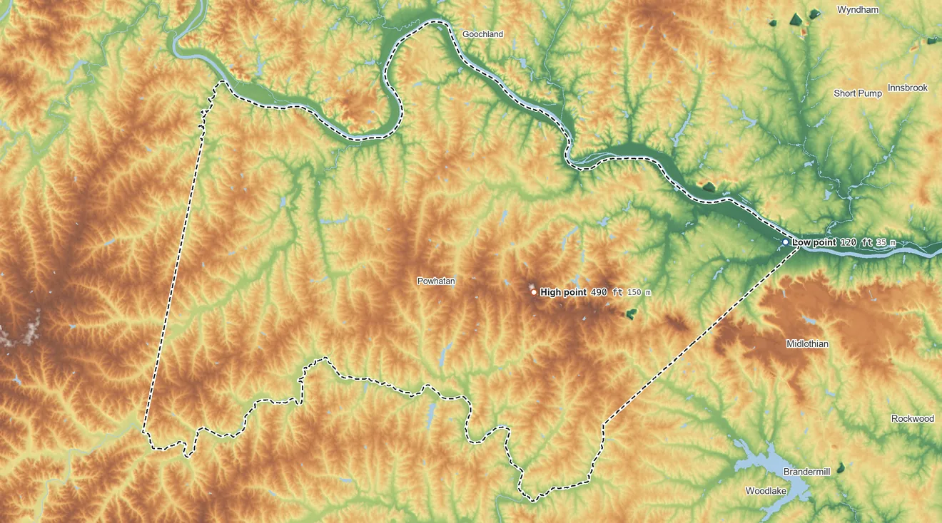 Topographic elevation map of Powhatan County, Virginia, shaded from 120 ft on the east side to 490 ft near the middle