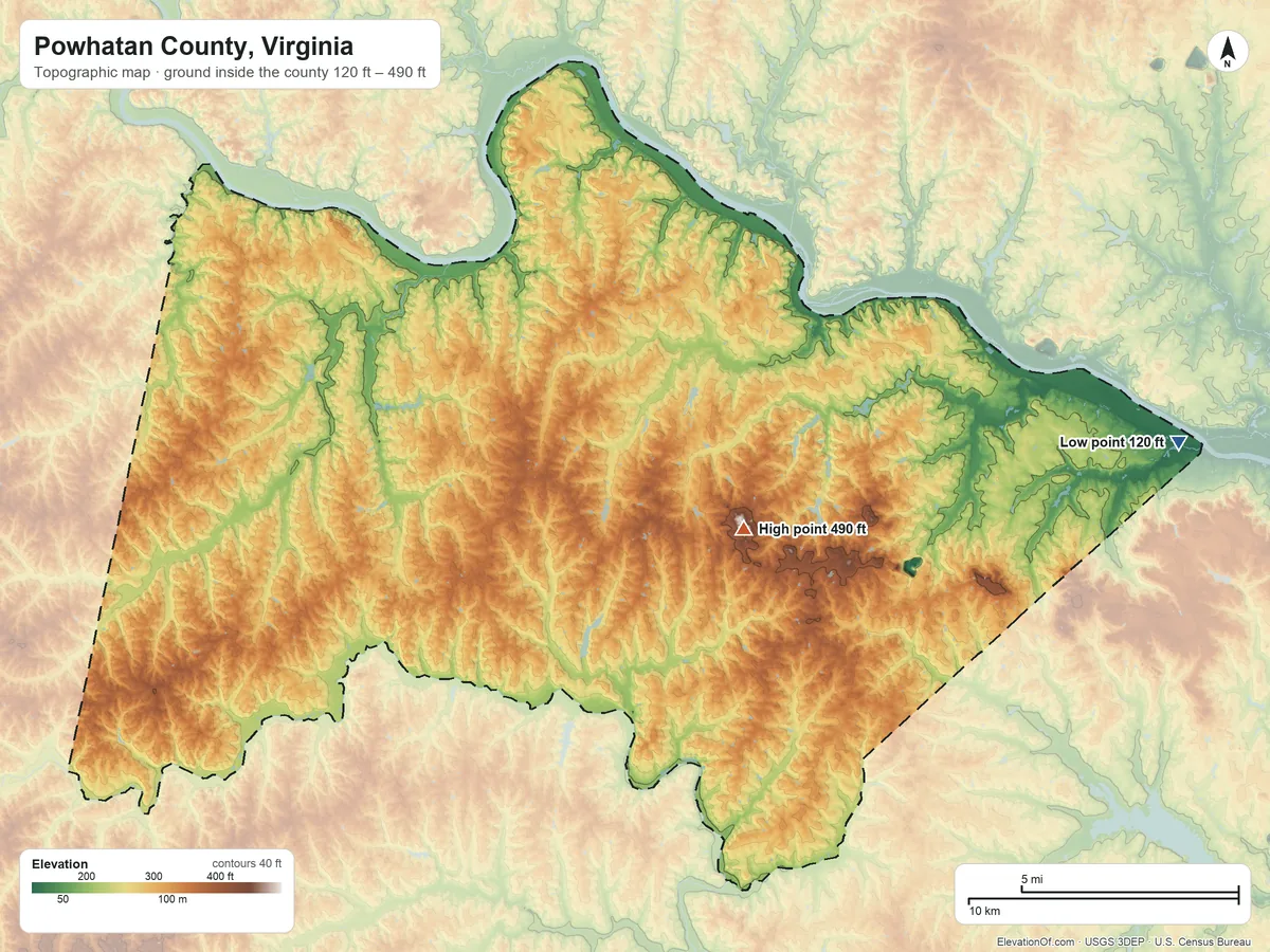 Topographic elevation map of Powhatan County, Virginia, shaded from 120 ft on the east side to 490 ft near the middle