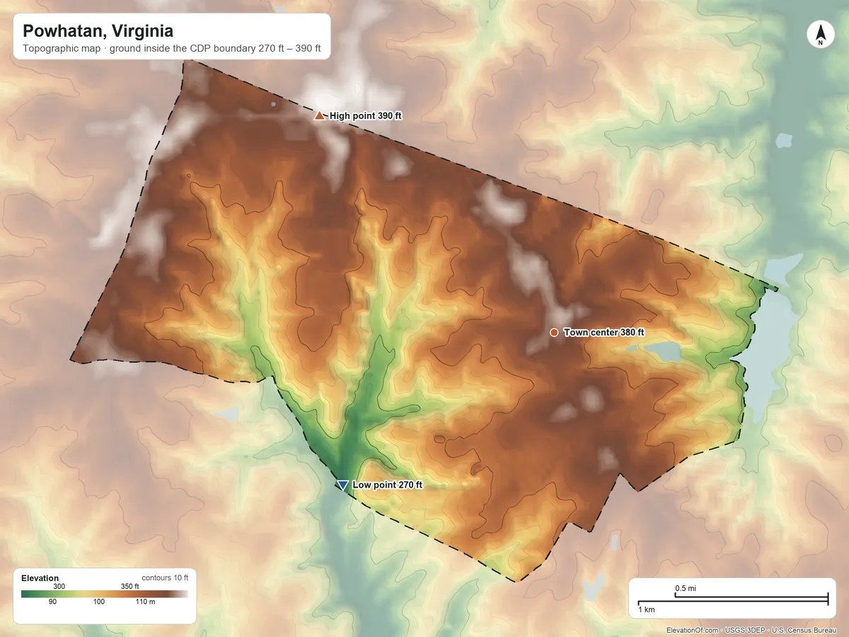 Topographic elevation map of Powhatan, Virginia, shaded from 270 ft on the southwest side to 390 ft on the northwest side