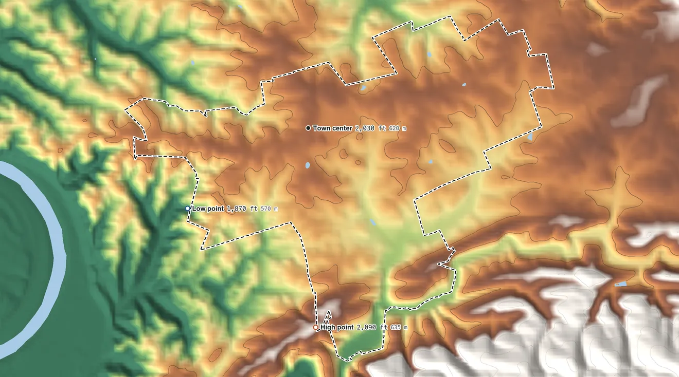 Topographic elevation map of Prices Fork, Virginia, shaded from 1,870 ft on the southwest side to 2,090 ft at the foot of the Pedlar Hills