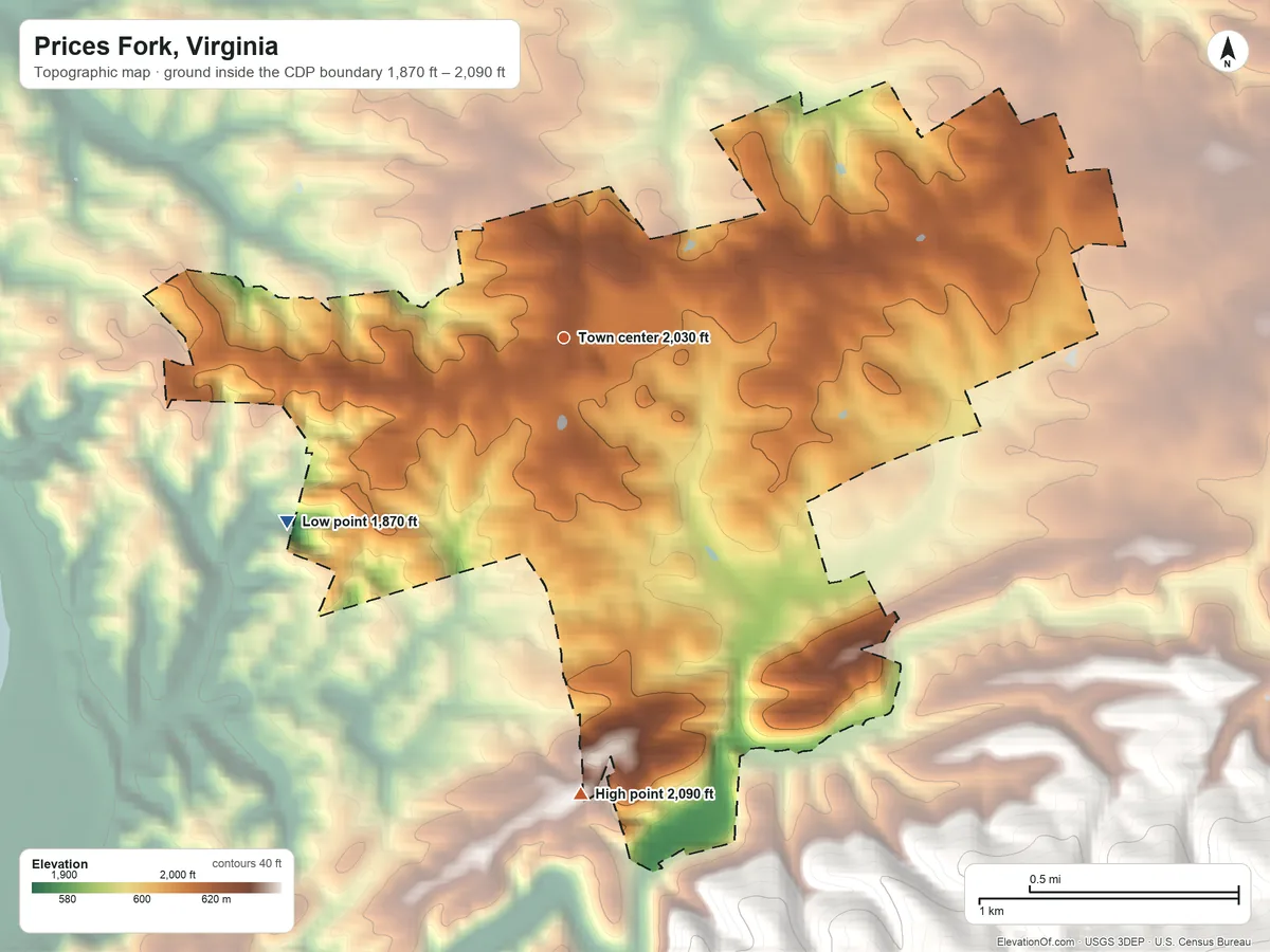 Topographic elevation map of Prices Fork, Virginia, shaded from 1,870 ft on the southwest side to 2,090 ft at the foot of the Pedlar Hills