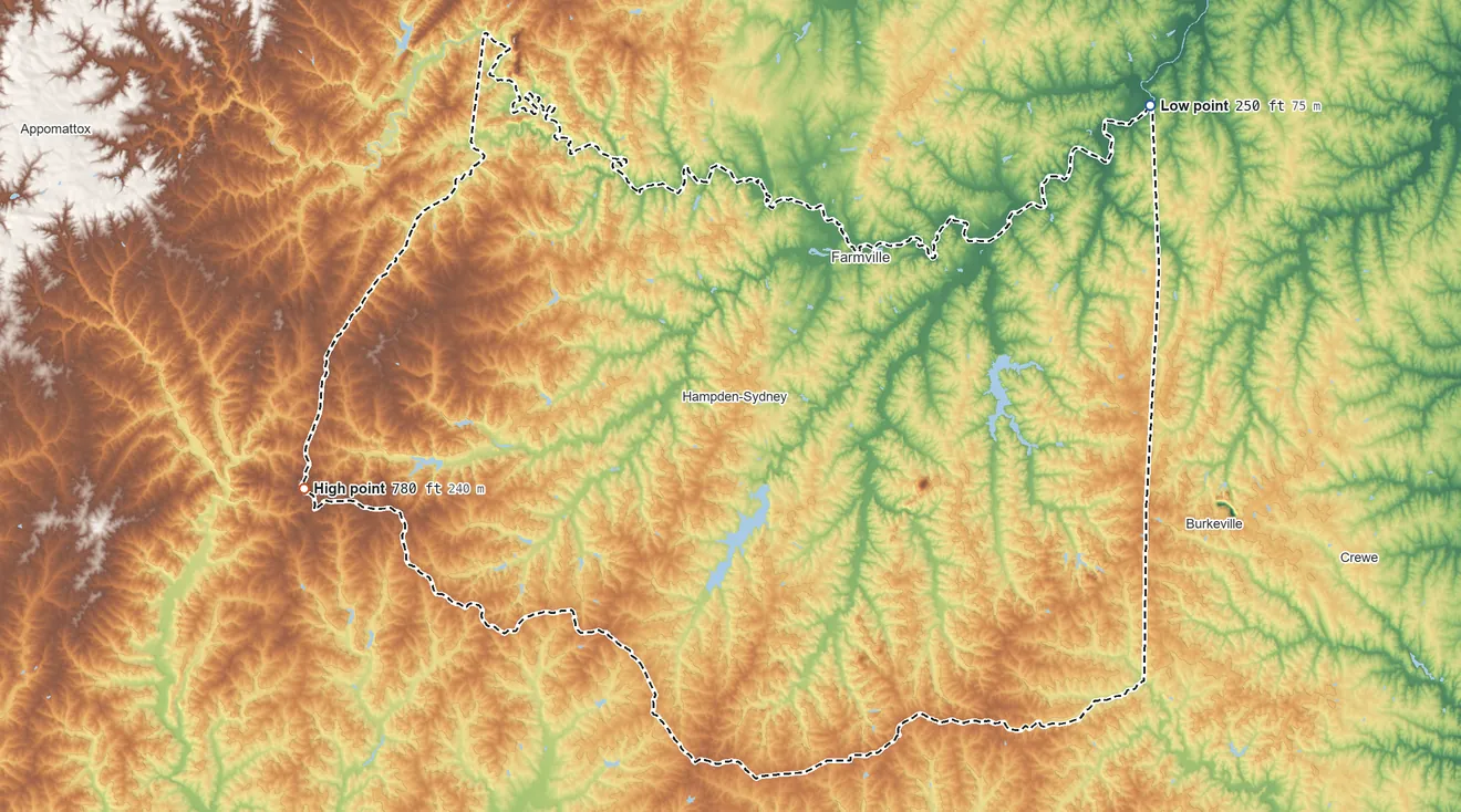 Topographic elevation map of Prince Edward County, Virginia, shaded from 250 ft on the northeast side to 780 ft on Lyle Mountain